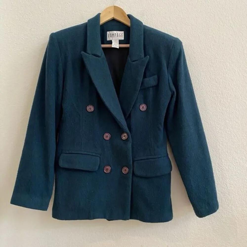 Rampage Womens Lined‎ Forest Green Blazer Double Breasted Jacket Wool Blend